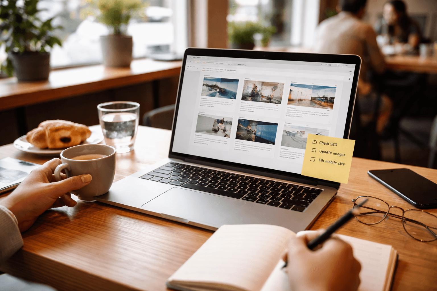 A cafe table with a laptop, printed pages of website examples, and a sticky-note outreach checklist