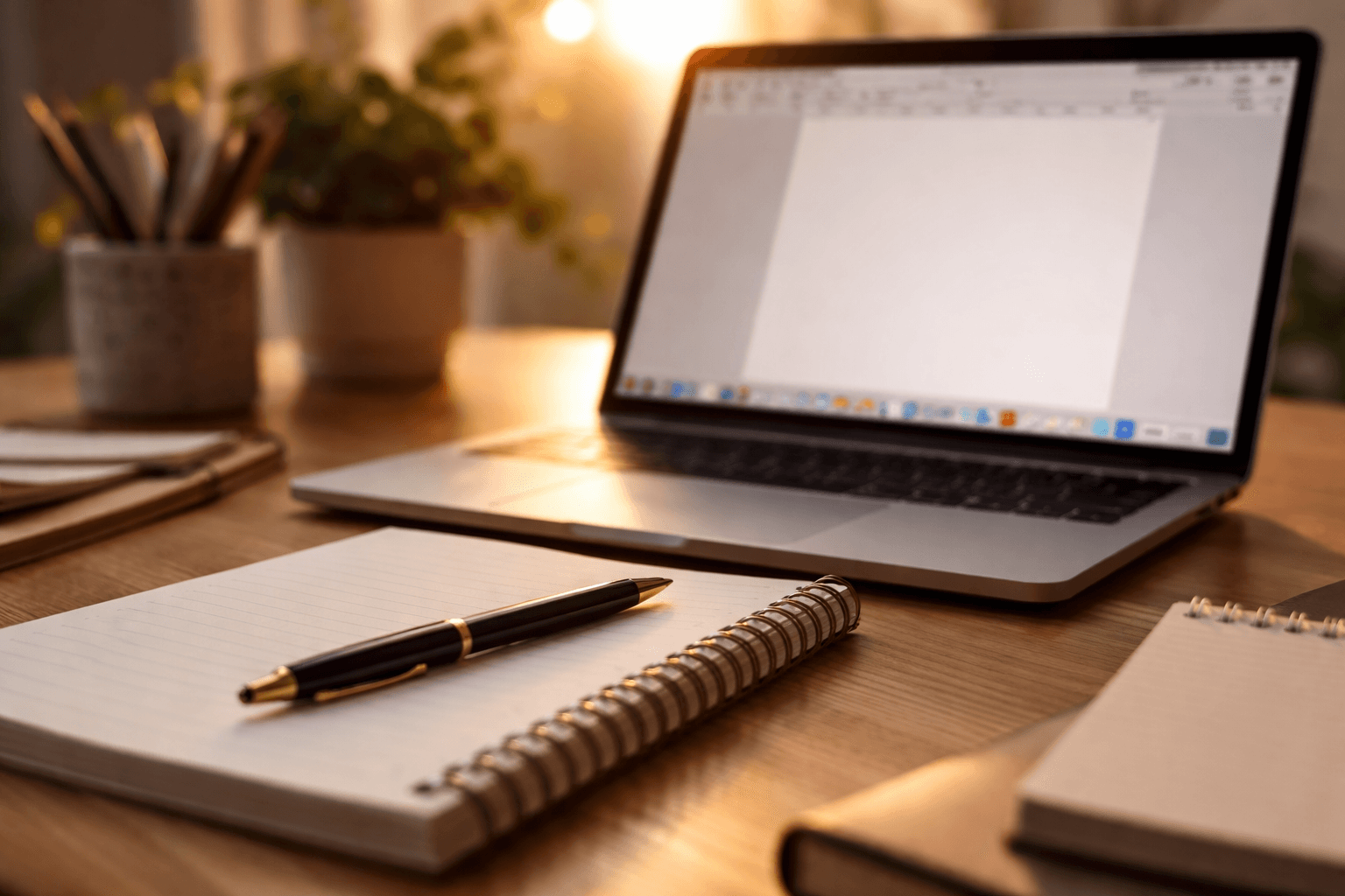 Desk close-up with a pen, laptop, and proposal draft notes