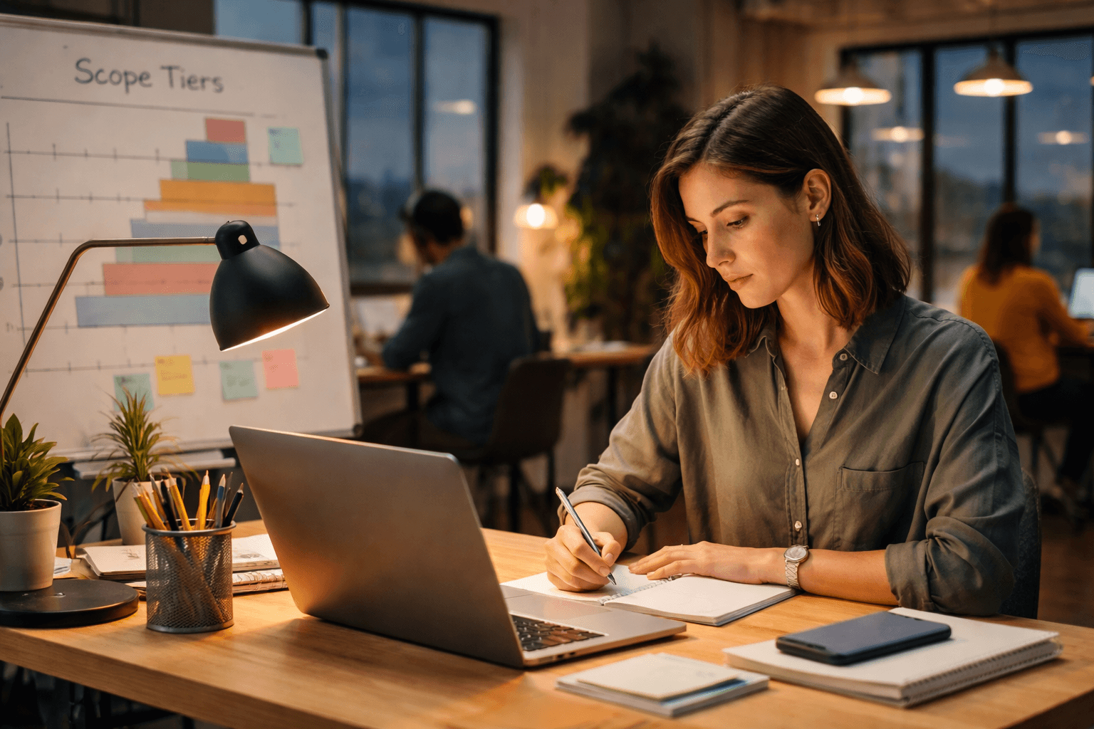 Co-working space scene with a freelancer in front of a whiteboard and printed scope options, evening tone, organized tools on desk