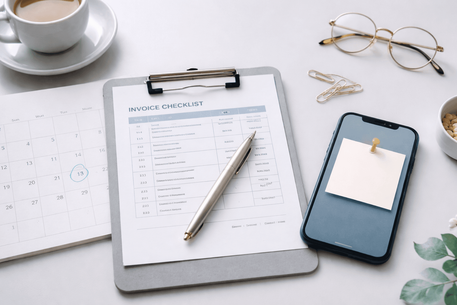 Freelancer desk with calendar, invoice checklist, and a smartphone showing reminder schedule