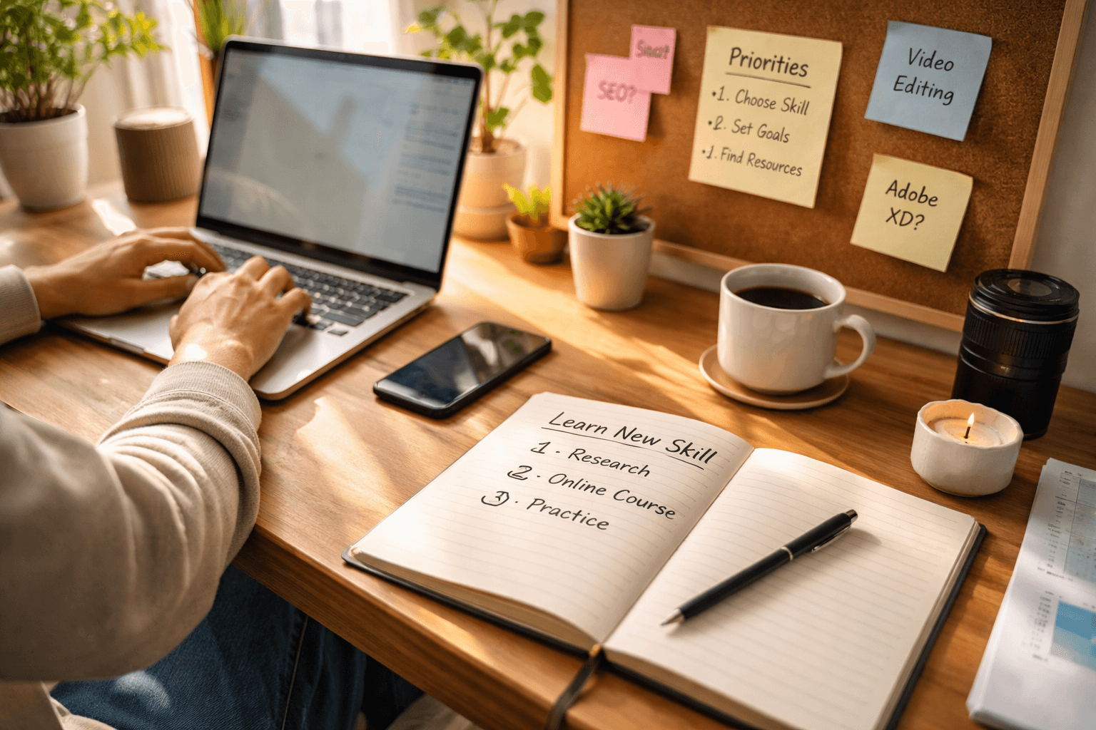 Freelancer planning next skills on a desk with laptop and notebook at home during morning light