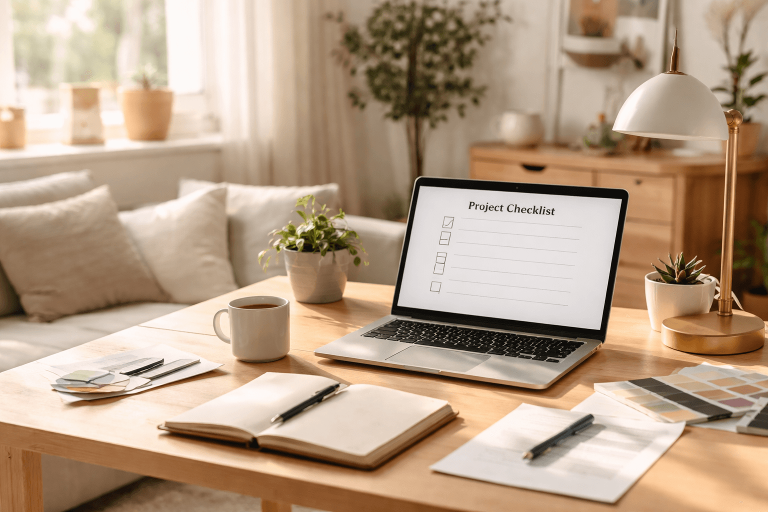 Freelancer planning the day at a home desk with a laptop and notebook