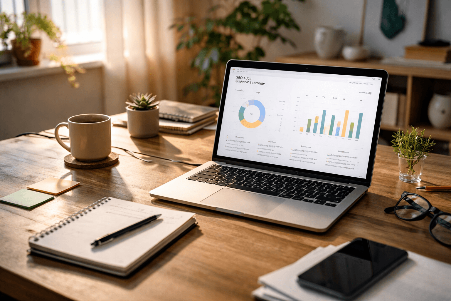A freelancer reviewing an SEO audit report on a laptop at a home office, late afternoon light and calm workspace