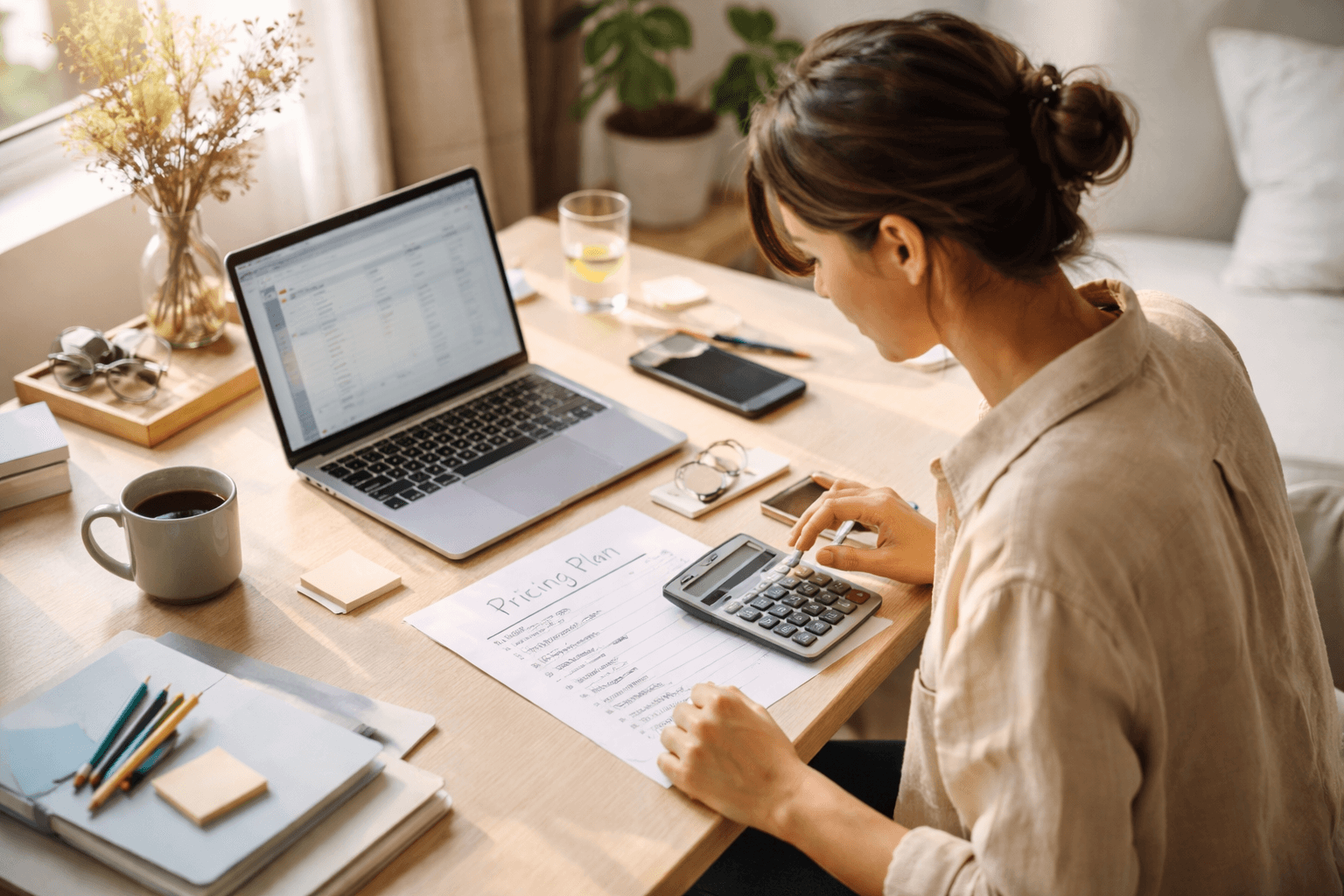 A freelancer at a desk with printed pricing notes and a laptop, morning light, calm workspace