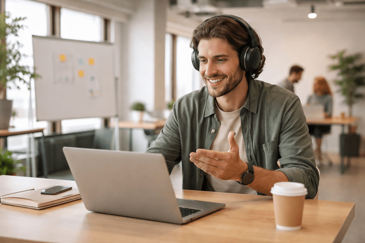 Co-working space during a client call with a laptop showing proposal preparation