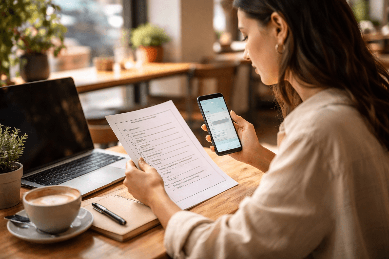 A cafe scene where a freelancer reviews a printed proposal outline next to a phone on a table, with soft daylight and an organized workspace feel