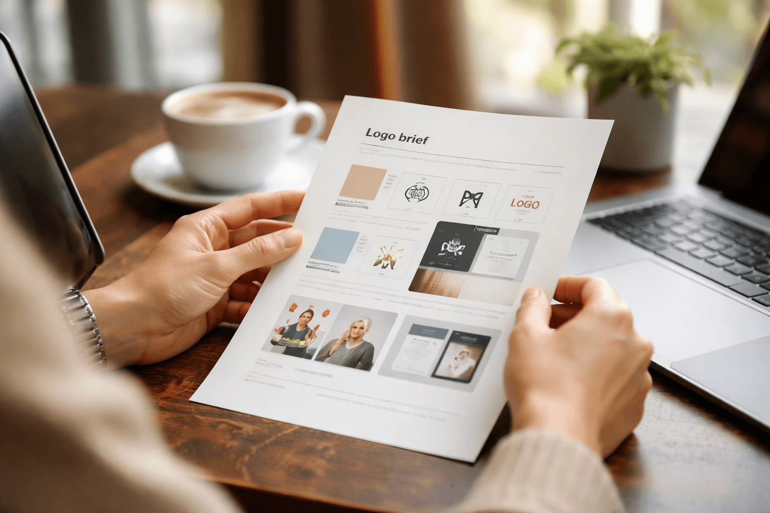 Close-up of hands working through a logo brief on paper beside a laptop at a cafe, with a calm editorial mood