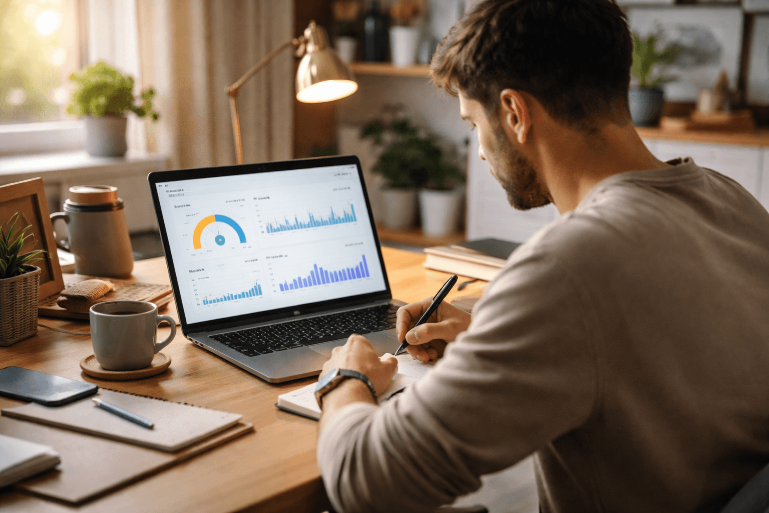 Freelancer reviewing website performance metrics on a laptop at a home studio desk https://mnyooiivpmhhltlepaan.supabase.co/storage/v1/object/public/client-portal-content/seo-blog/f533e45f-97ff-4e1c-9ec7-ad4553394e18/c1f41e3f-6001-4600-9162-1c340864a380.png