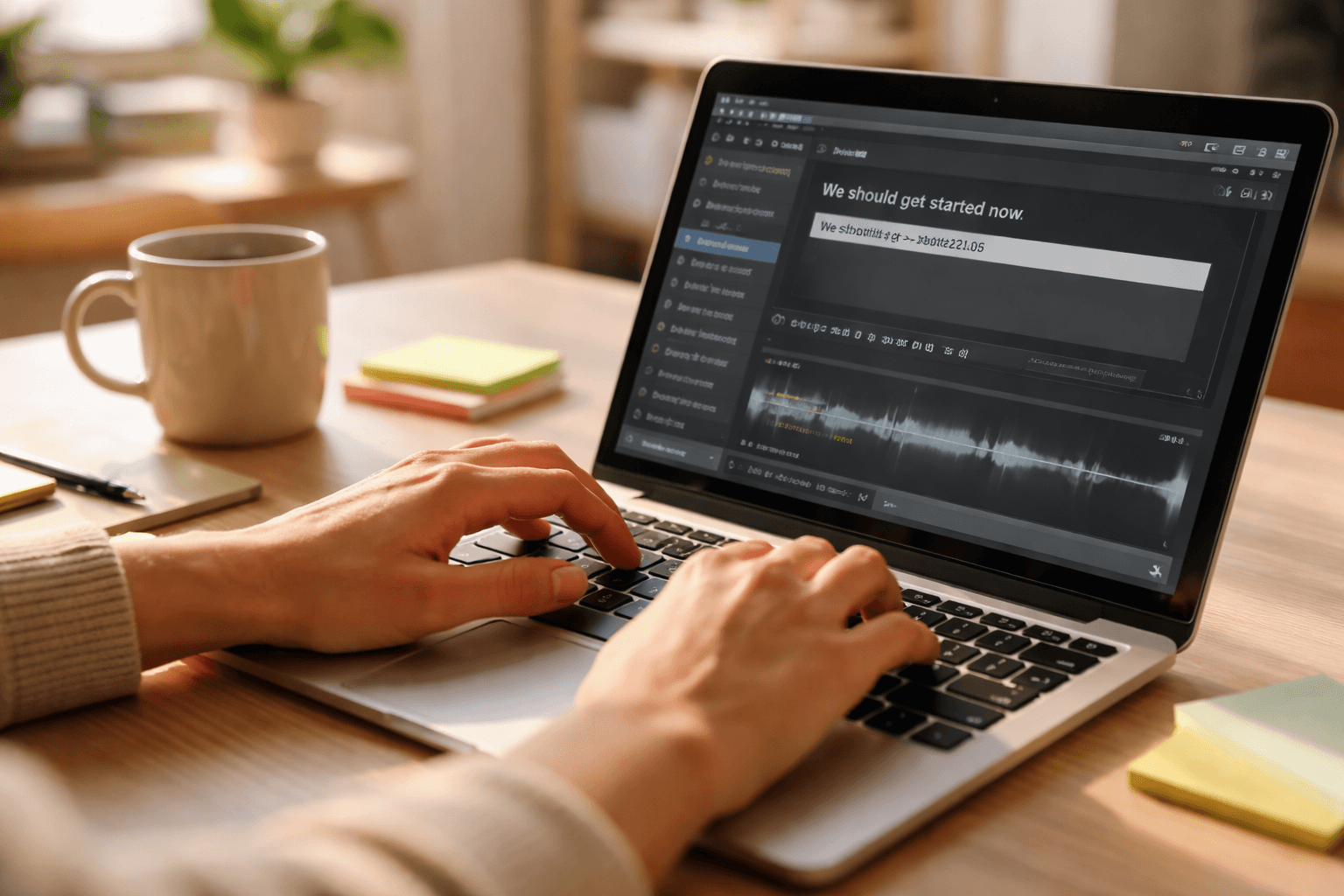 Close-up of a laptop with social media calendar planning notes on a desk