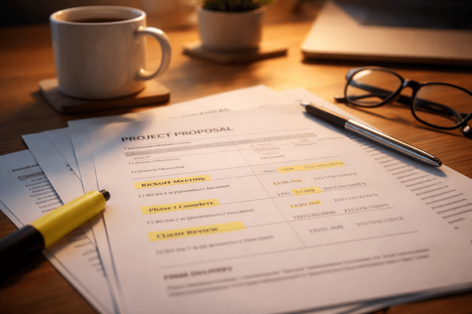 Editor-style close-up of a laptop and printed proposal pages with highlighted milestones, evening desk light