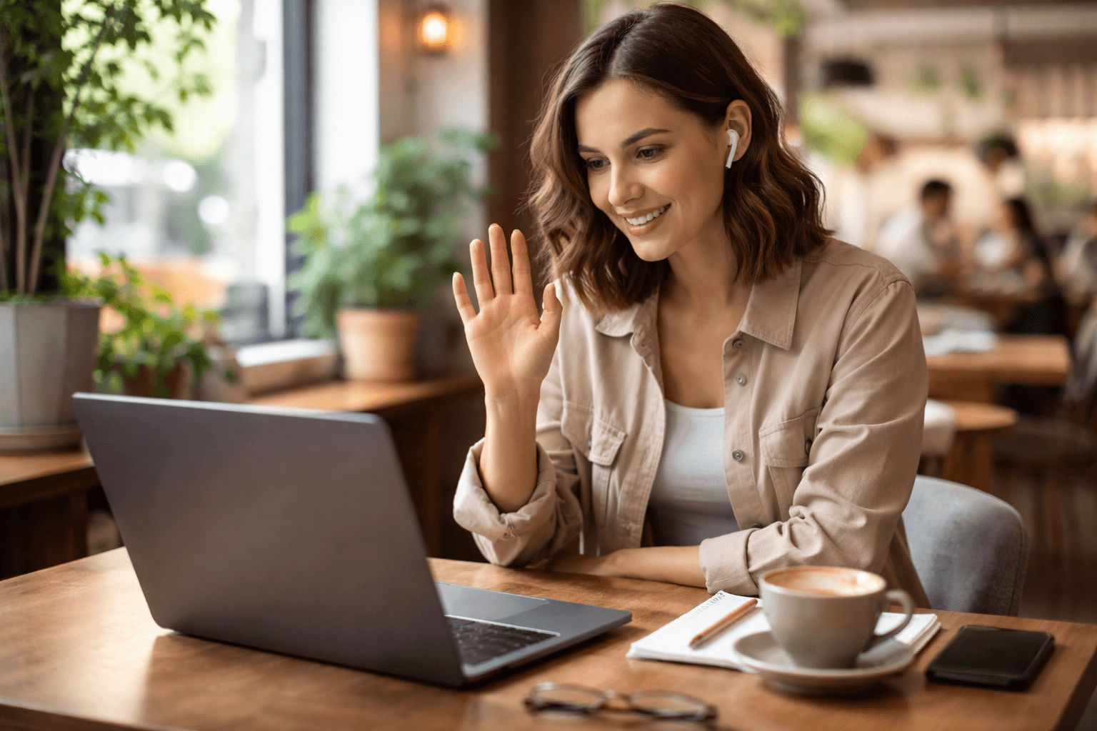 Coffee shop laptop setup during a client meeting call