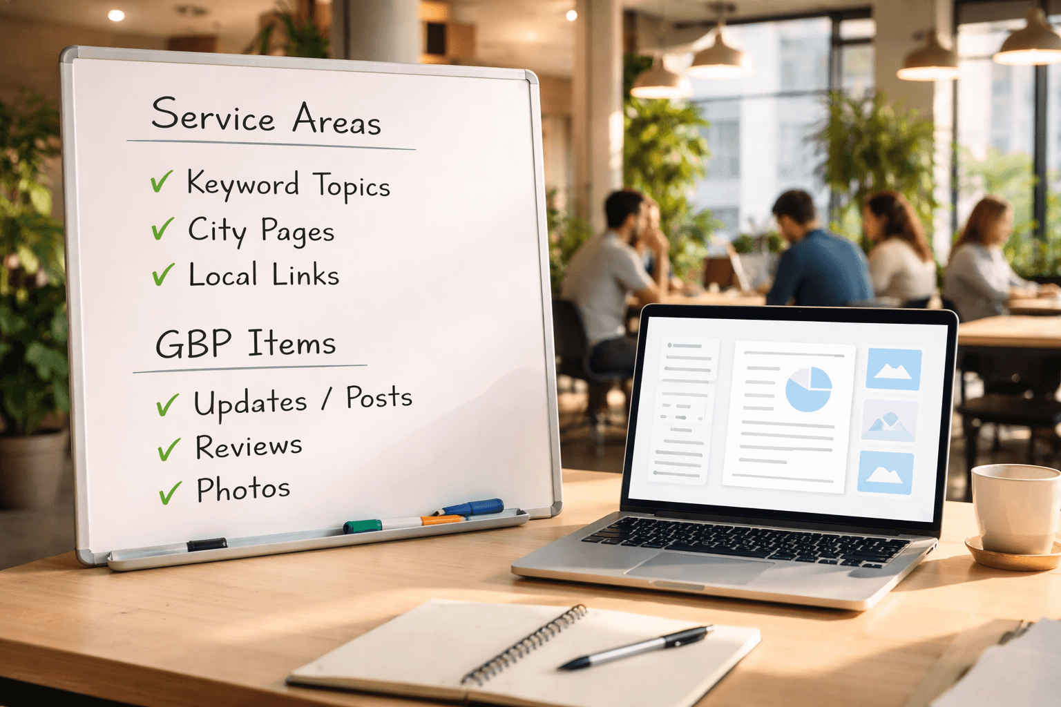 Co-working space desk with laptop open to local SEO checklist and a whiteboard with service areas