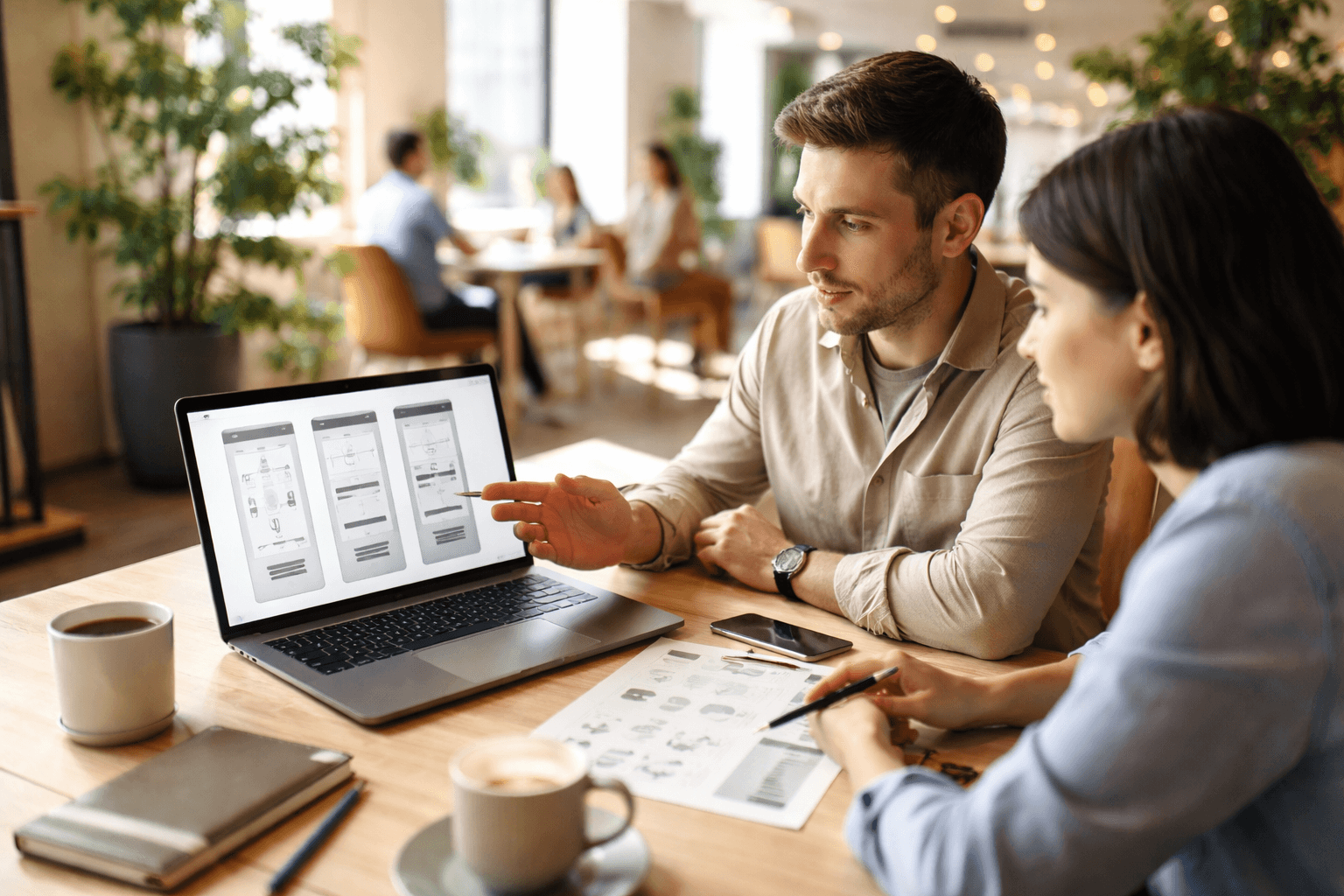 A freelancer giving a client presentation on a laptop in a co-working space, coffee on the table, collaborative mood