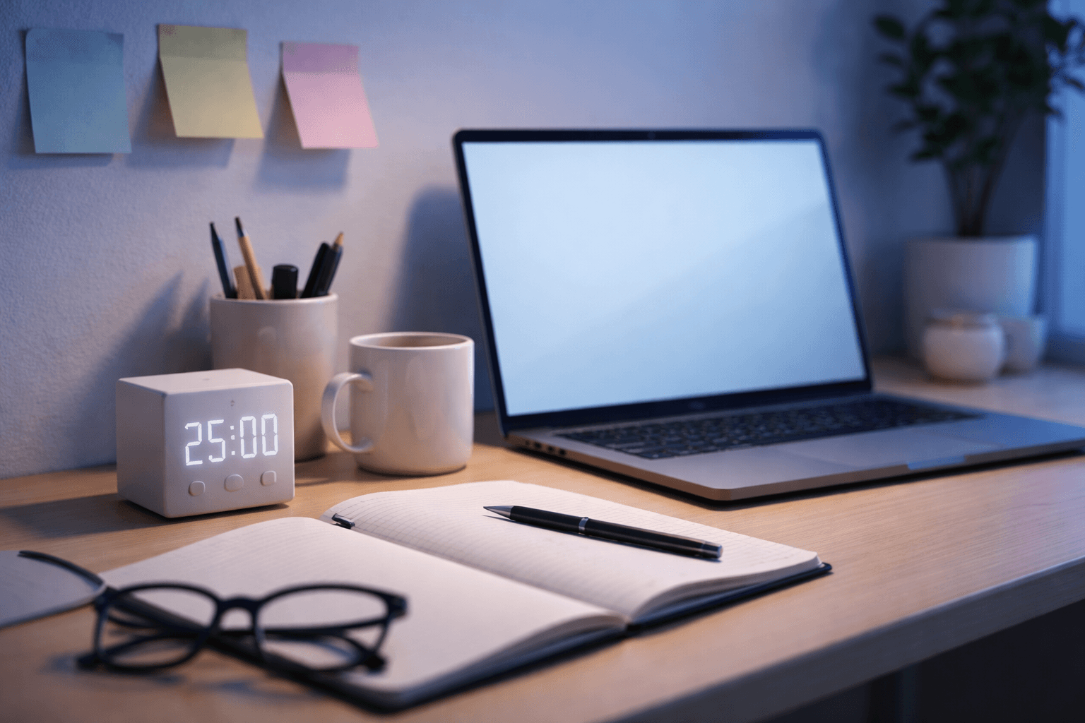 Desk close-up with a notebook, timer, and laptop open to a calendar for networking follow-ups