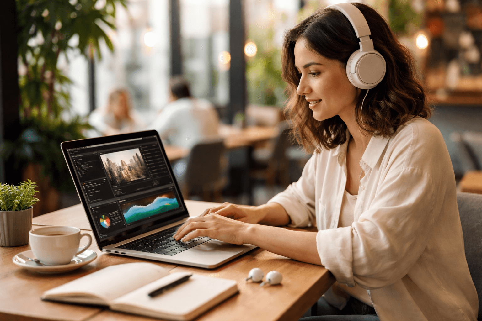 Freelancer at a café editing video with headphones, clipboard nearby