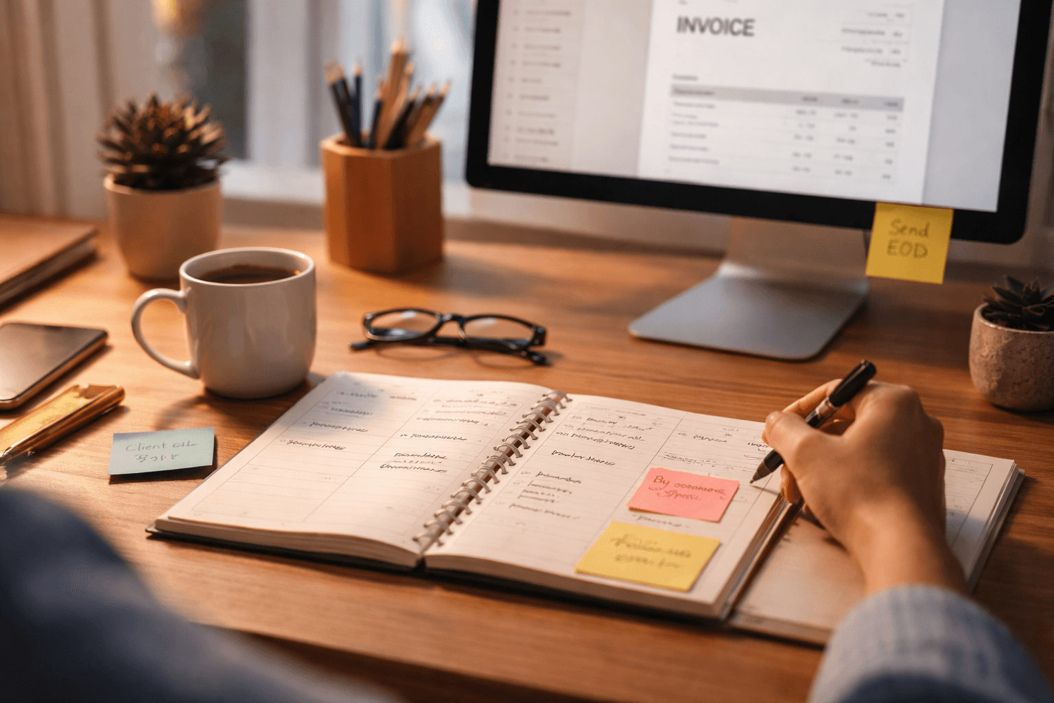 A close-up of a planner and calendar on a desk, with sticky notes for weekly freelance blocks and a laptop open to an invoicing draft