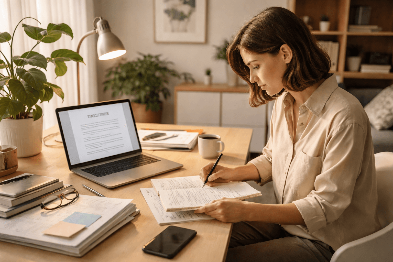 Freelancer reviewing contract notes on a laptop at a home studio desk
