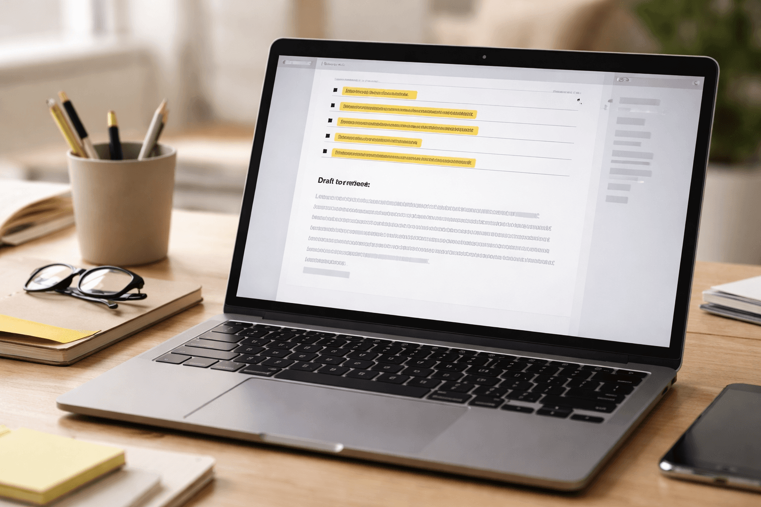 Slack-style message draft on a laptop with highlighted notes about scope, timelines, and next steps