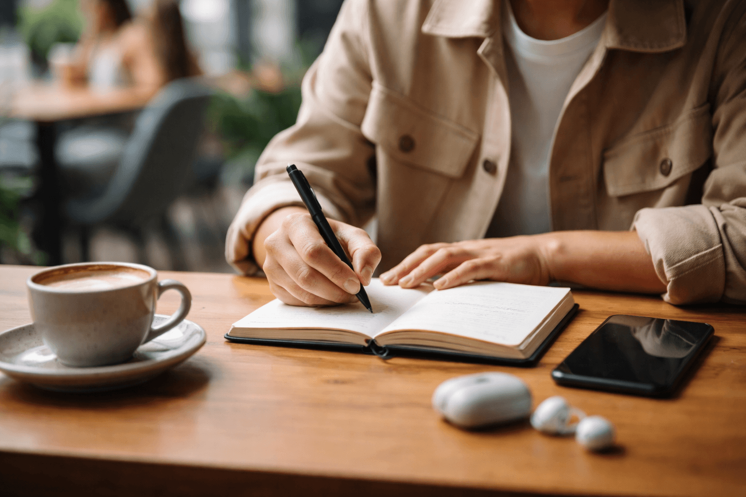 Cafe table with notebook, printed outreach draft, and a phone showing a muted LinkedIn-style feed (no readable UI)