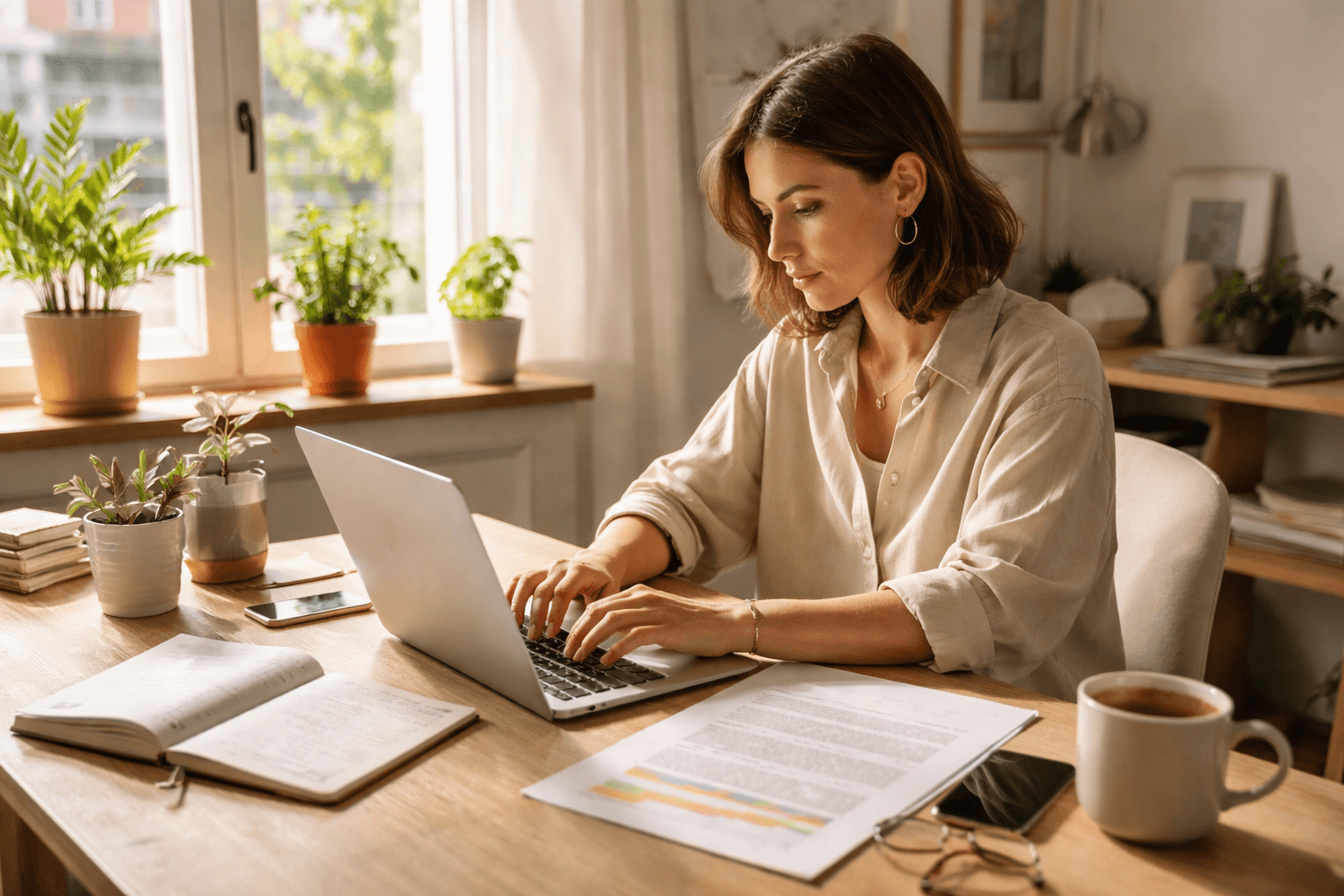 Freelance writer working in a home studio with laptop and notes on a desk