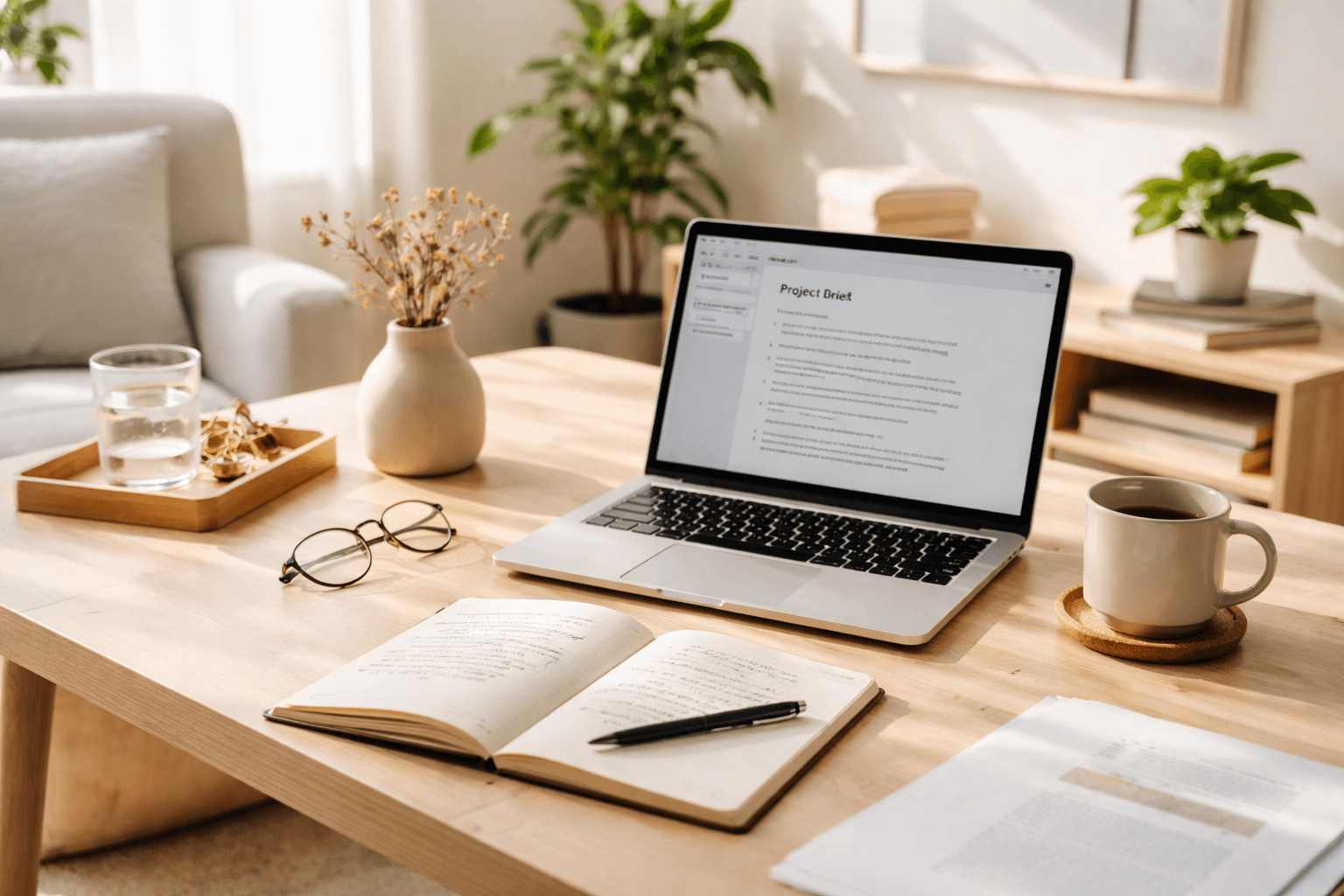 Home office setup with laptop and notebook, morning light