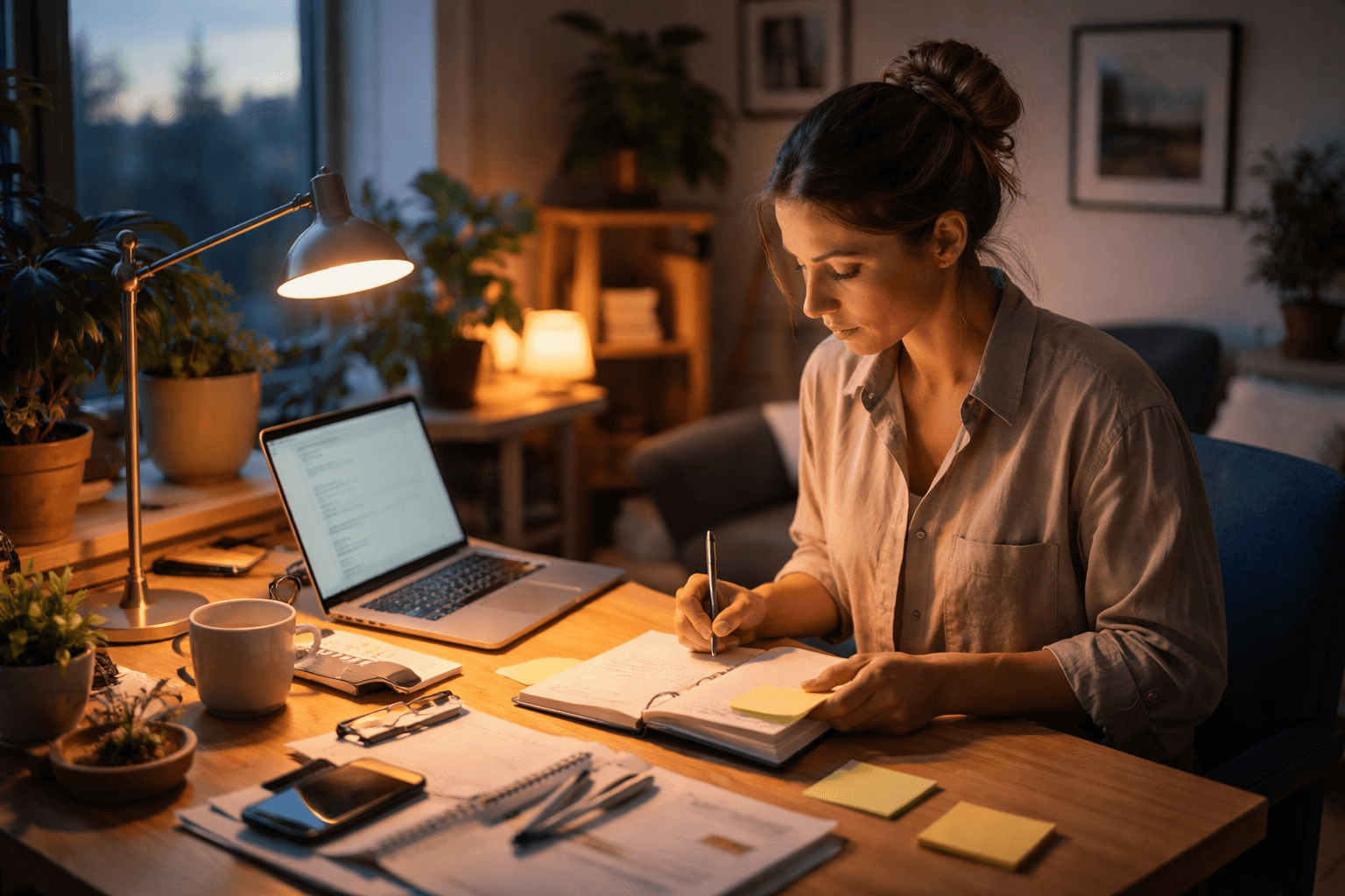 Freelancer reviewing notes at a desk with laptop and sticky reminders