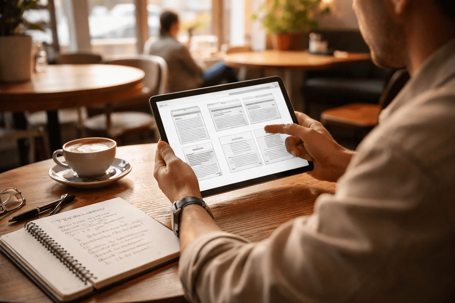 Slack-style client feedback on a tablet beside sketches in a cafe