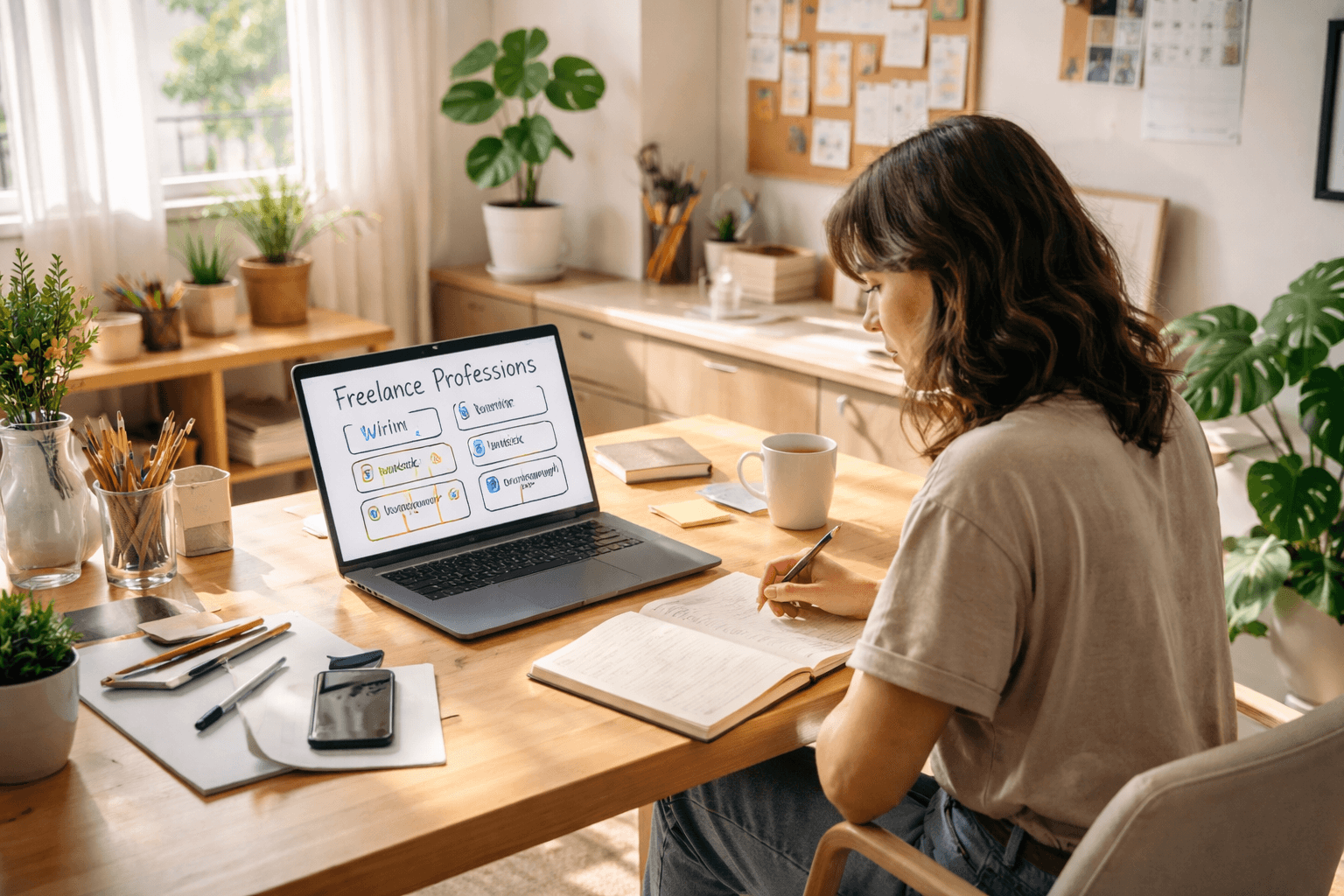 A freelancer at a desk with notes and a laptop planning categories for freelance work