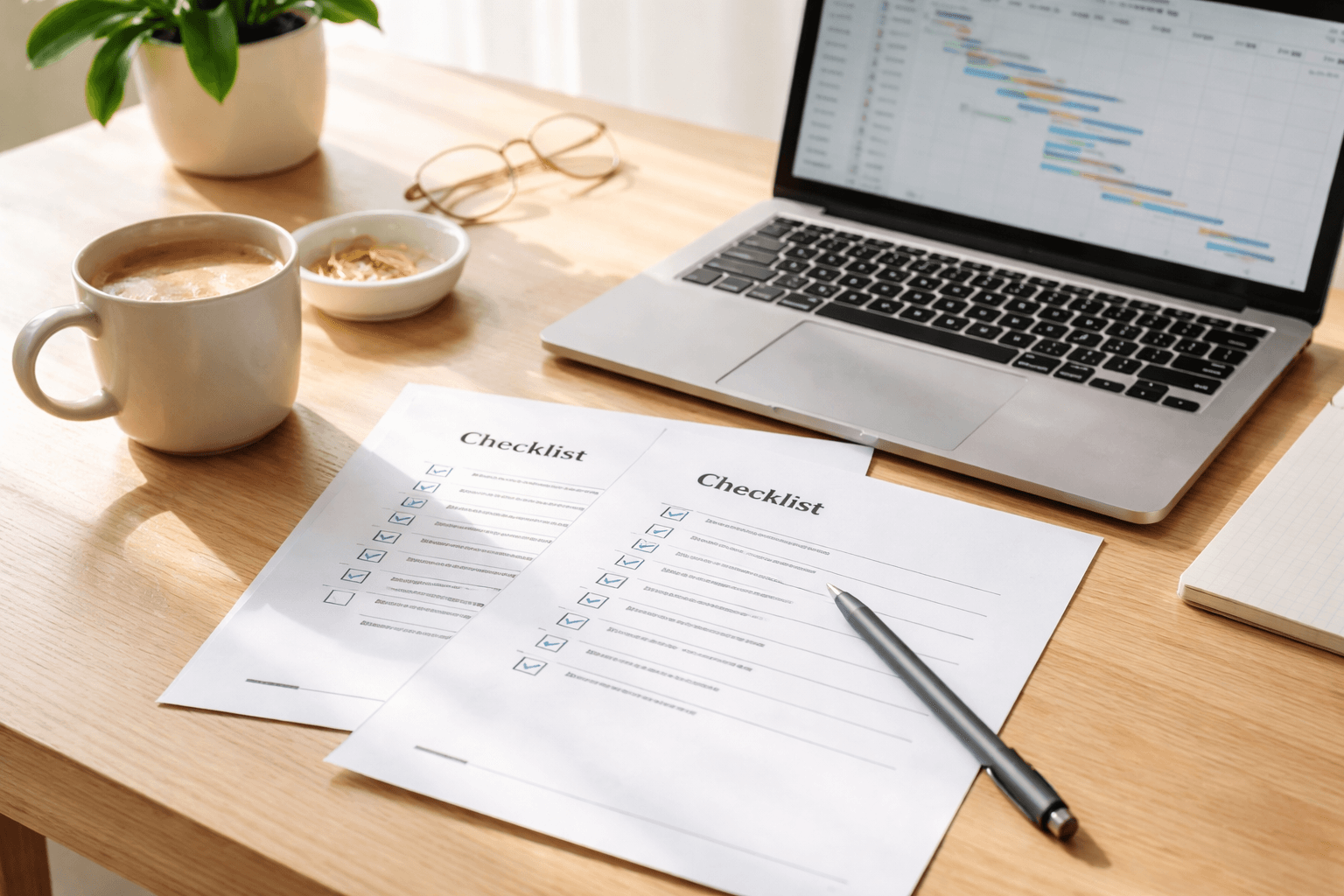 Close-up of a desk with notes and a laptop timeline planning session, bright daylight