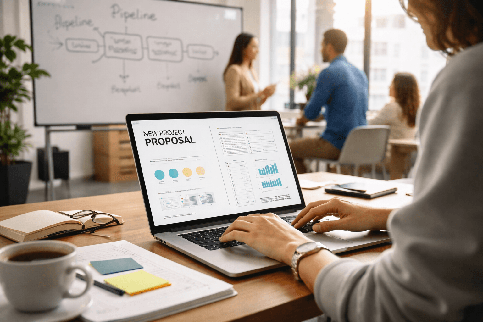 Co-working space whiteboard with process steps and a laptop open to a proposal draft during late afternoon