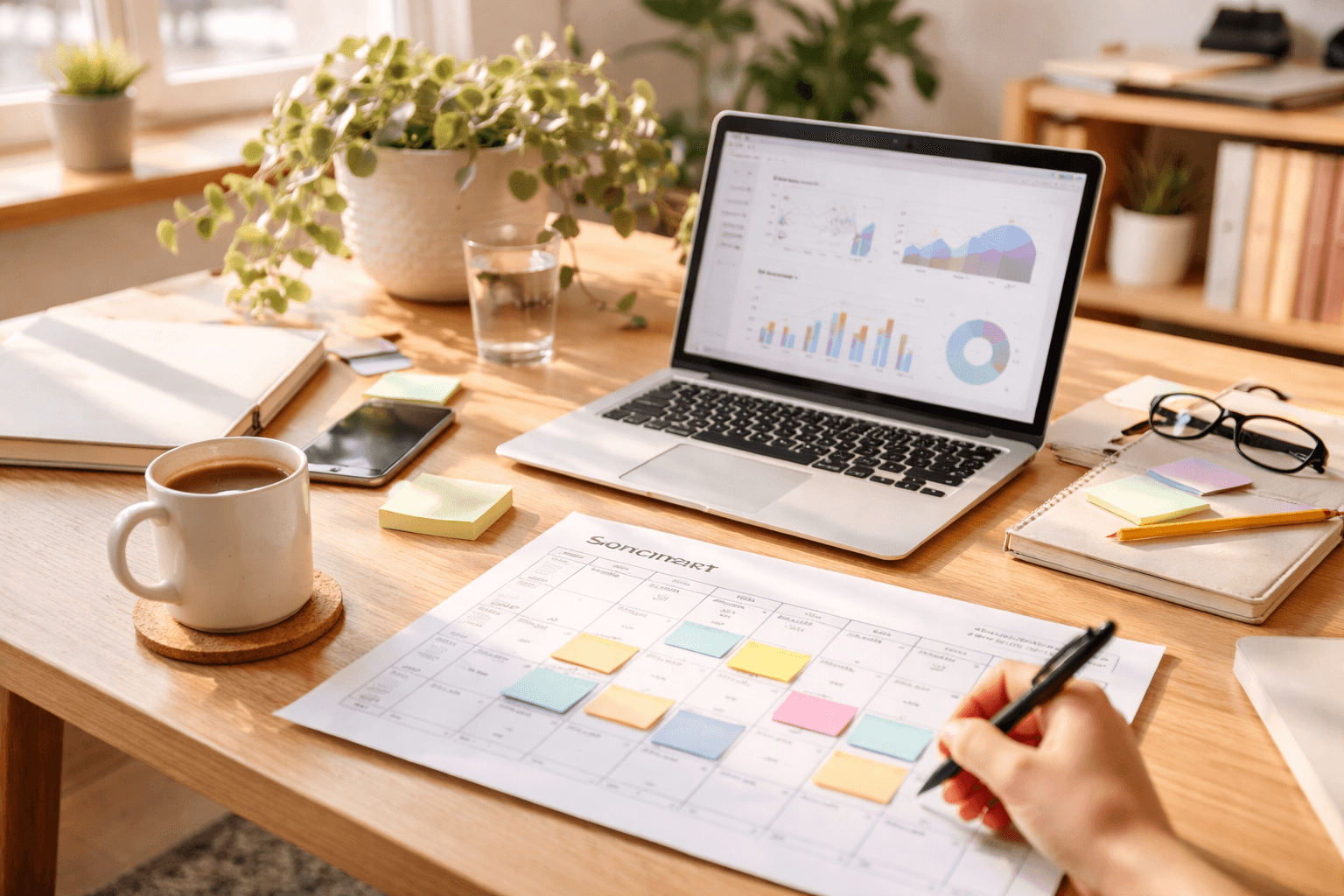 Planning a content calendar on a desk with laptop at a home studio in the morning