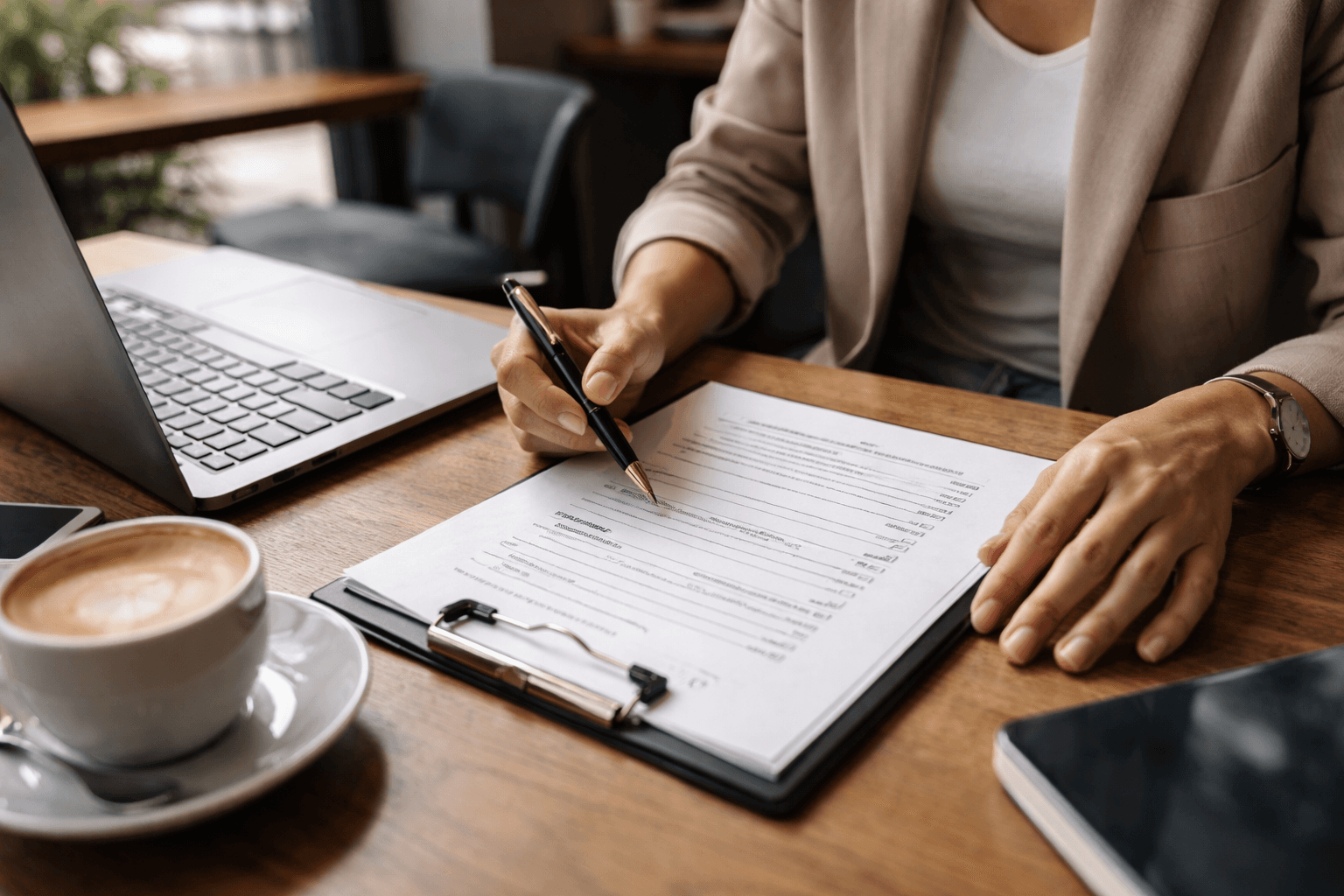 A co-working desk with laptop, voice notes on a phone, and a printed outline checklist