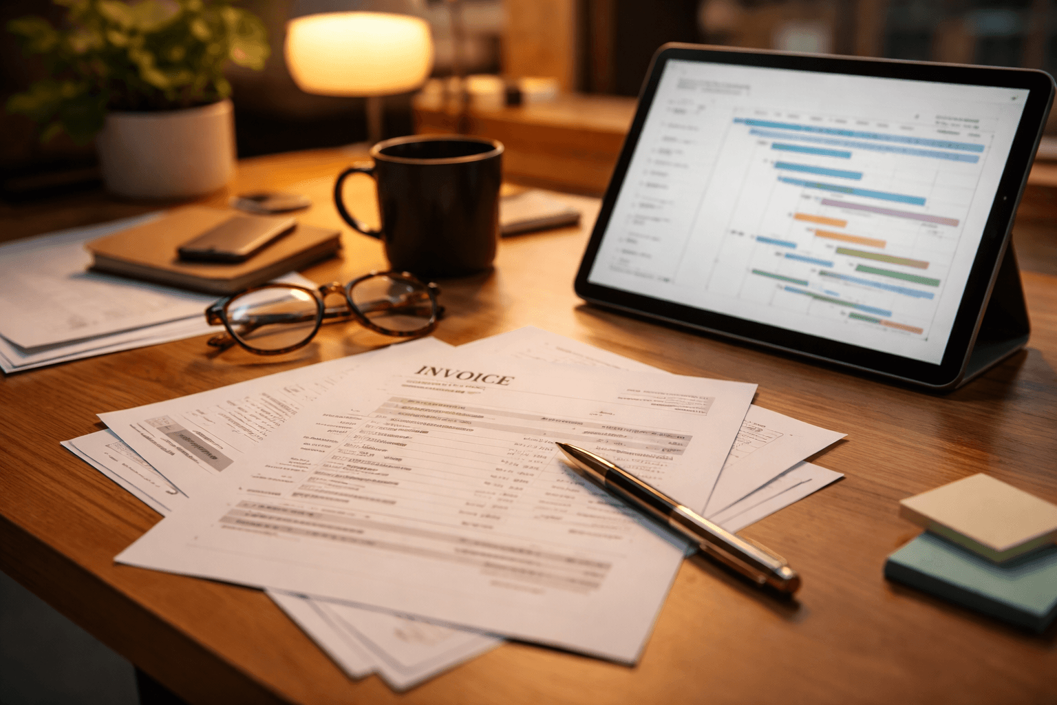 co-working space desk with invoice documents and a laptop showing project timeline