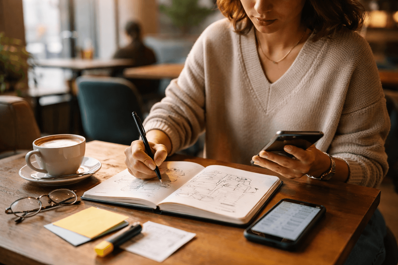 Freelancer sketching a lead-to-delivery workflow at a cafe table