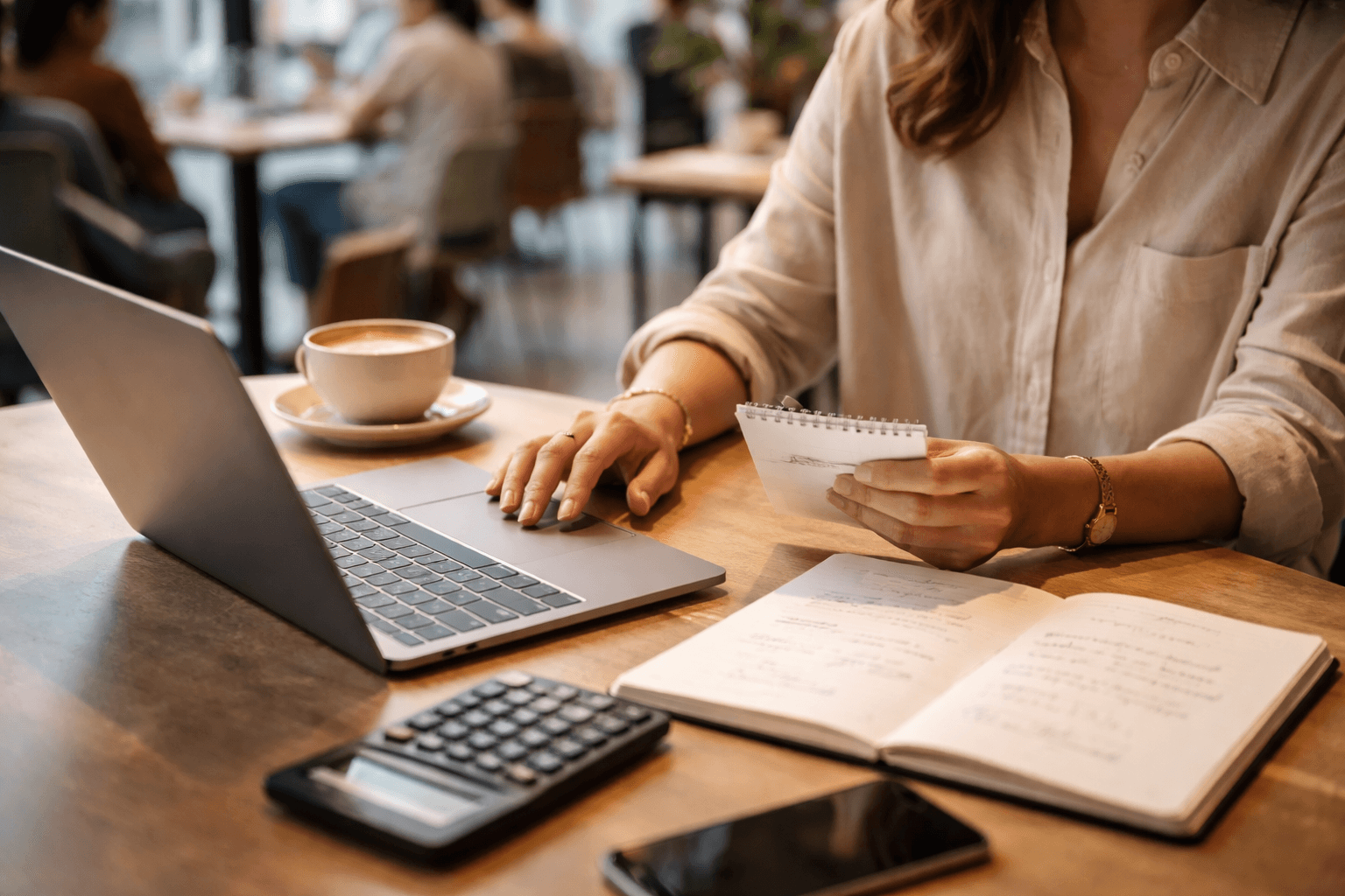 Freelancer working in a cafe with a notebook showing rate calculation and a calculator, afternoon natural light