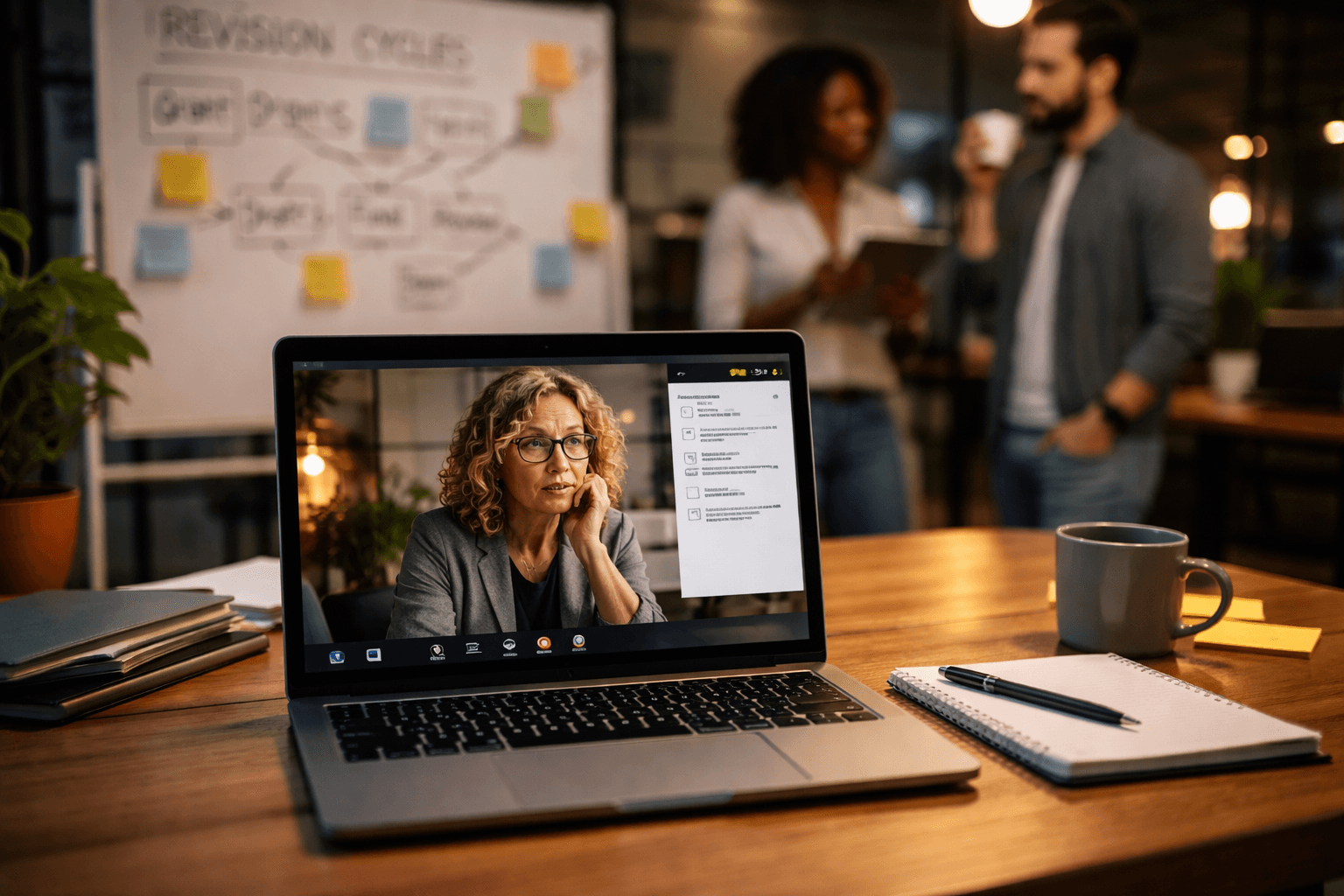 Co-working space call on laptop with a whiteboard showing revision cycles
