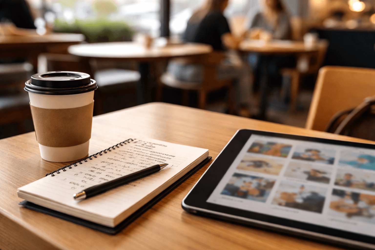 Freelancer reviewing pricing notes on a cafe table with coffee and sticky tabs