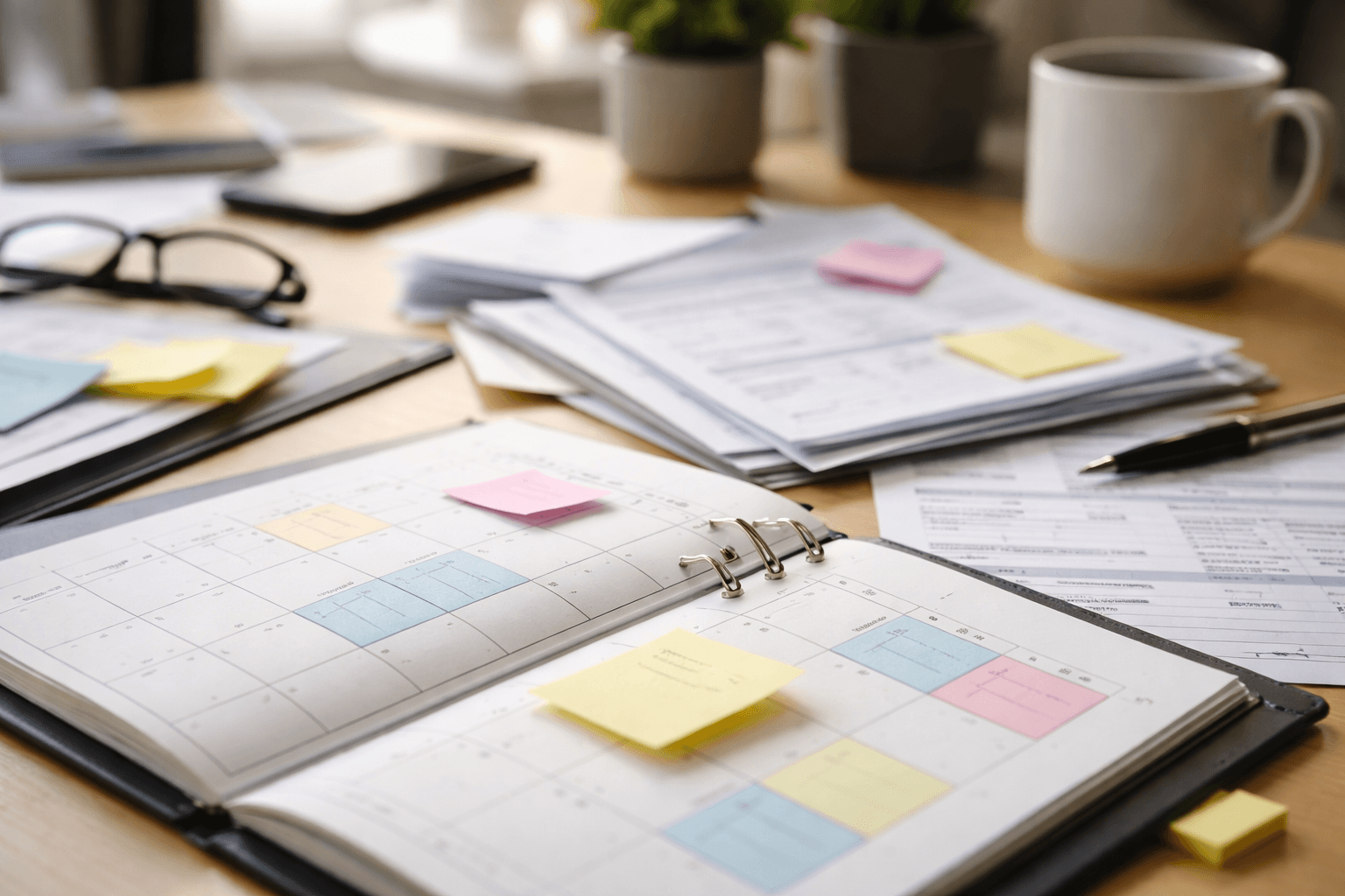 Close-up of a planner, invoice reminders, and messy sticky notes on a desk at midday