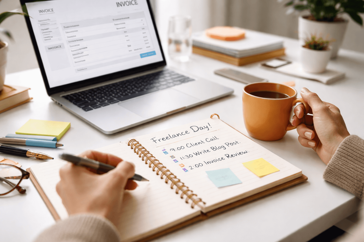 Close-up of a laptop with a calendar and invoice planning desk setup