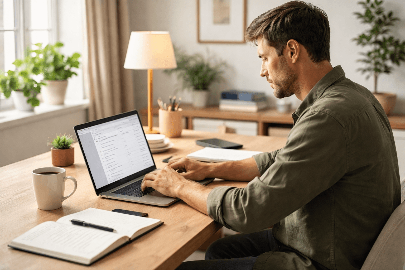 A freelance writer working on a laptop at a home desk with a notebook and coffee, morning light and calm setup