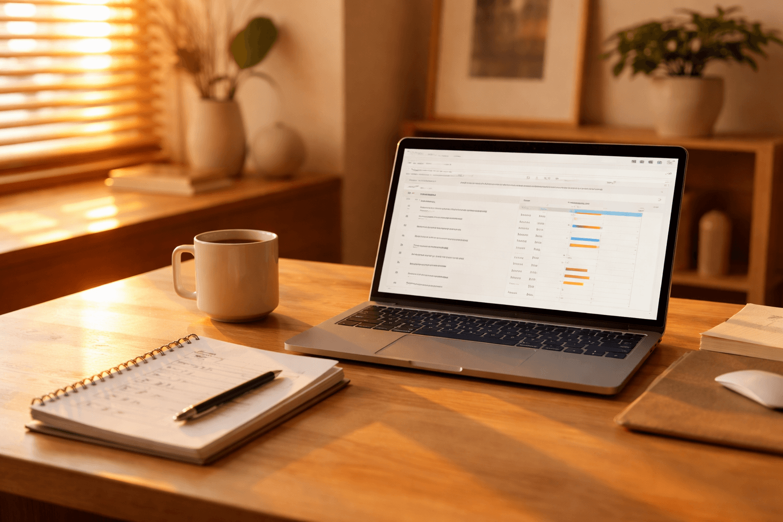 A freelancer’s home studio desk with laptop and handwritten outreach checklist in warm evening light