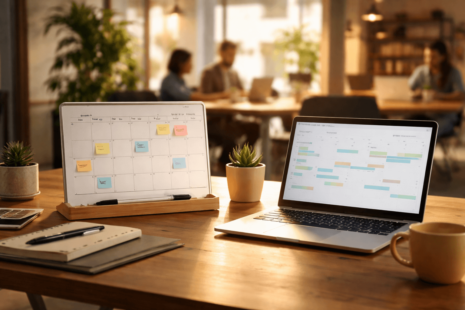 Minimal whiteboard and laptop planning session with calendar reminders, late afternoon tone