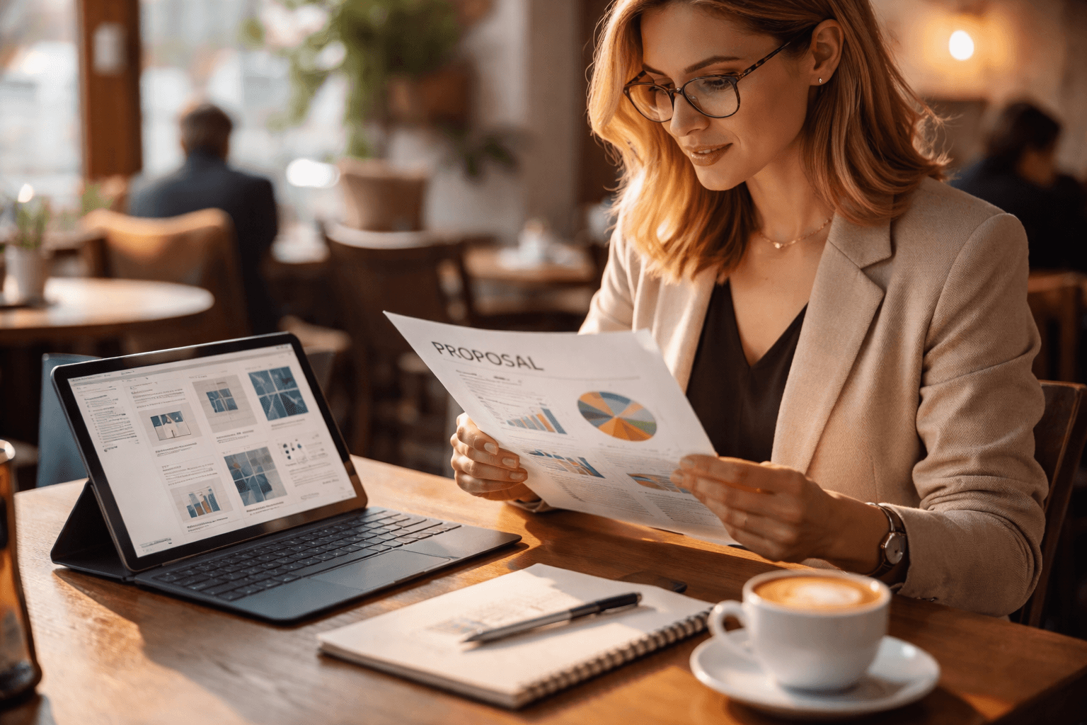 A designer in a cafe reviewing a printed proposal template and noting revision rounds on a notepad