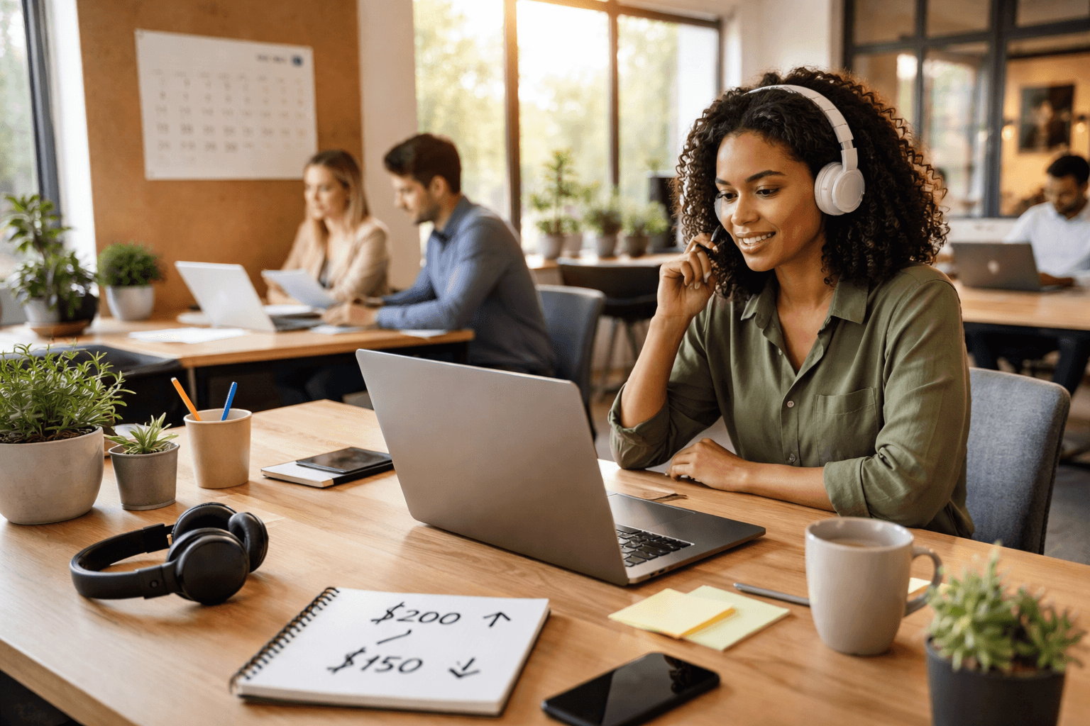 Client call on a co-working bench with notes and calendar scheduling