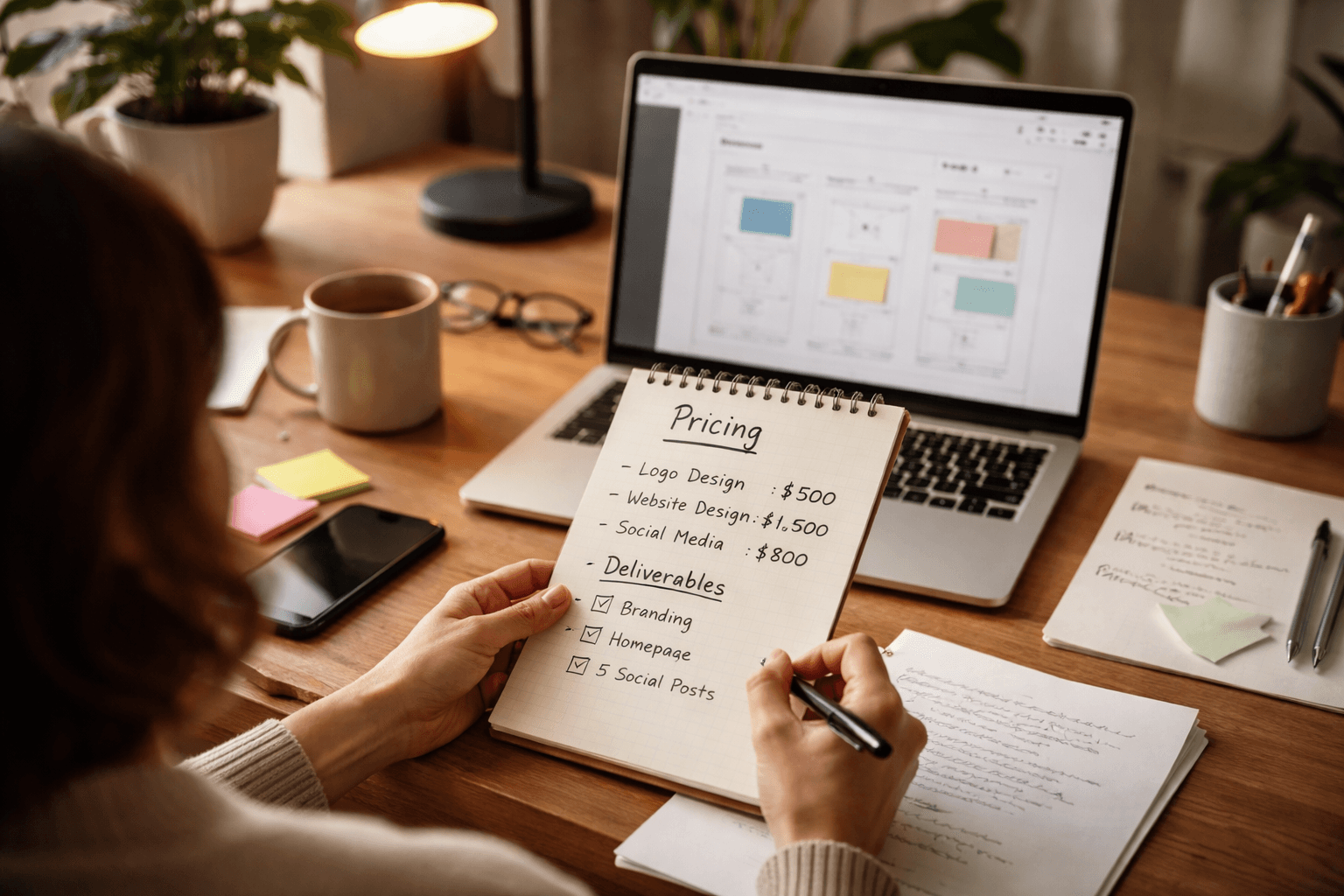 Freelancer planning copywriting pricing at a home studio with notes and a laptop