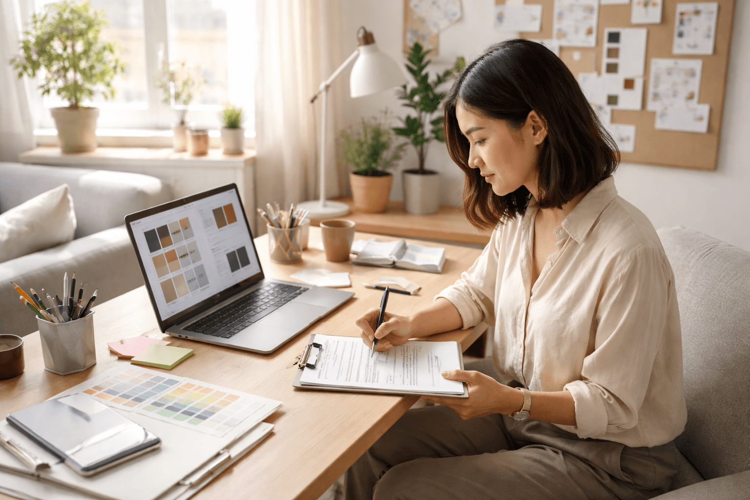 A freelance designer at a home desk reviewing a simple project checklist at morning light