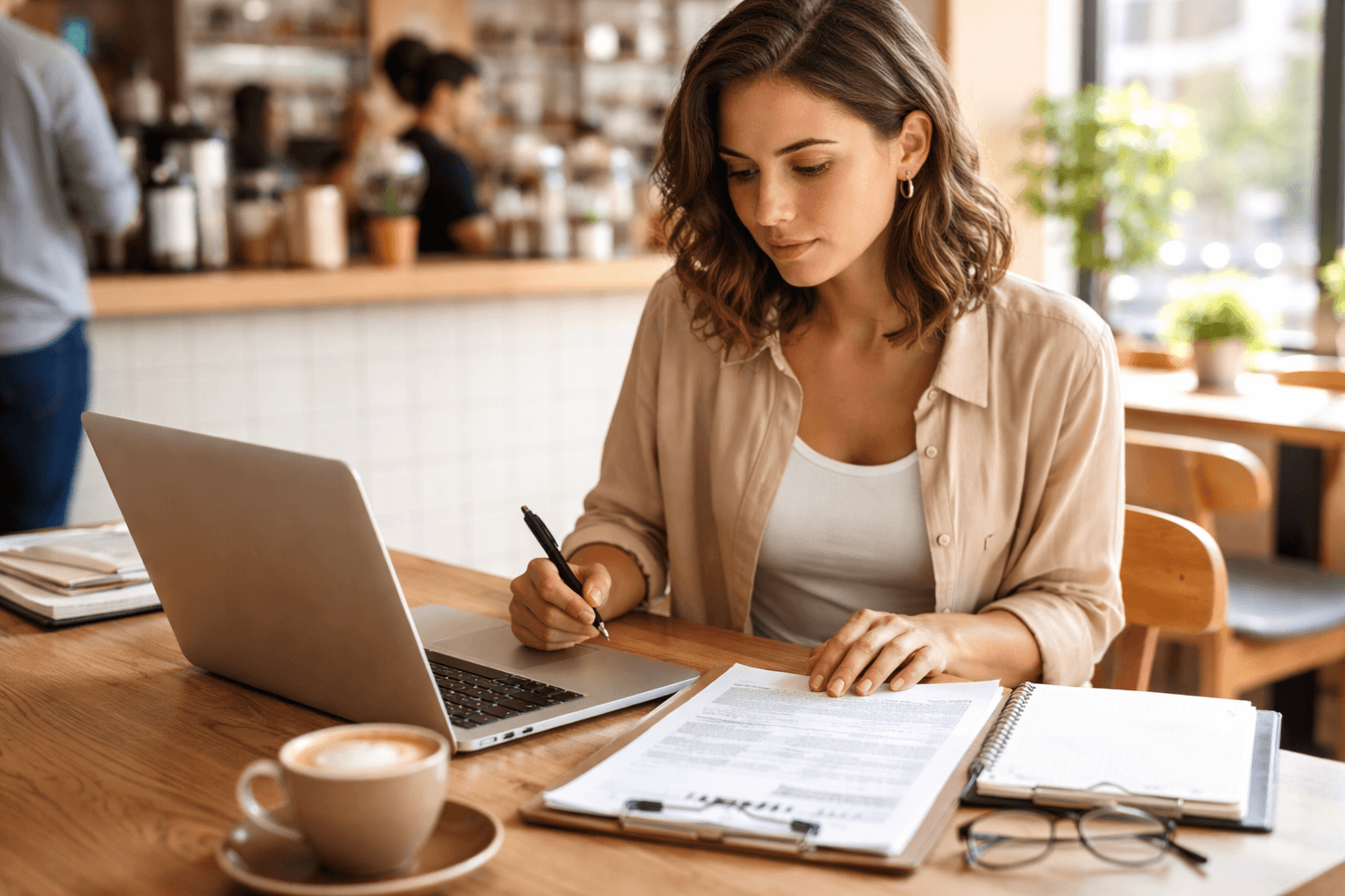 Freelancer in a cafe with a laptop and insurance paperwork laid out