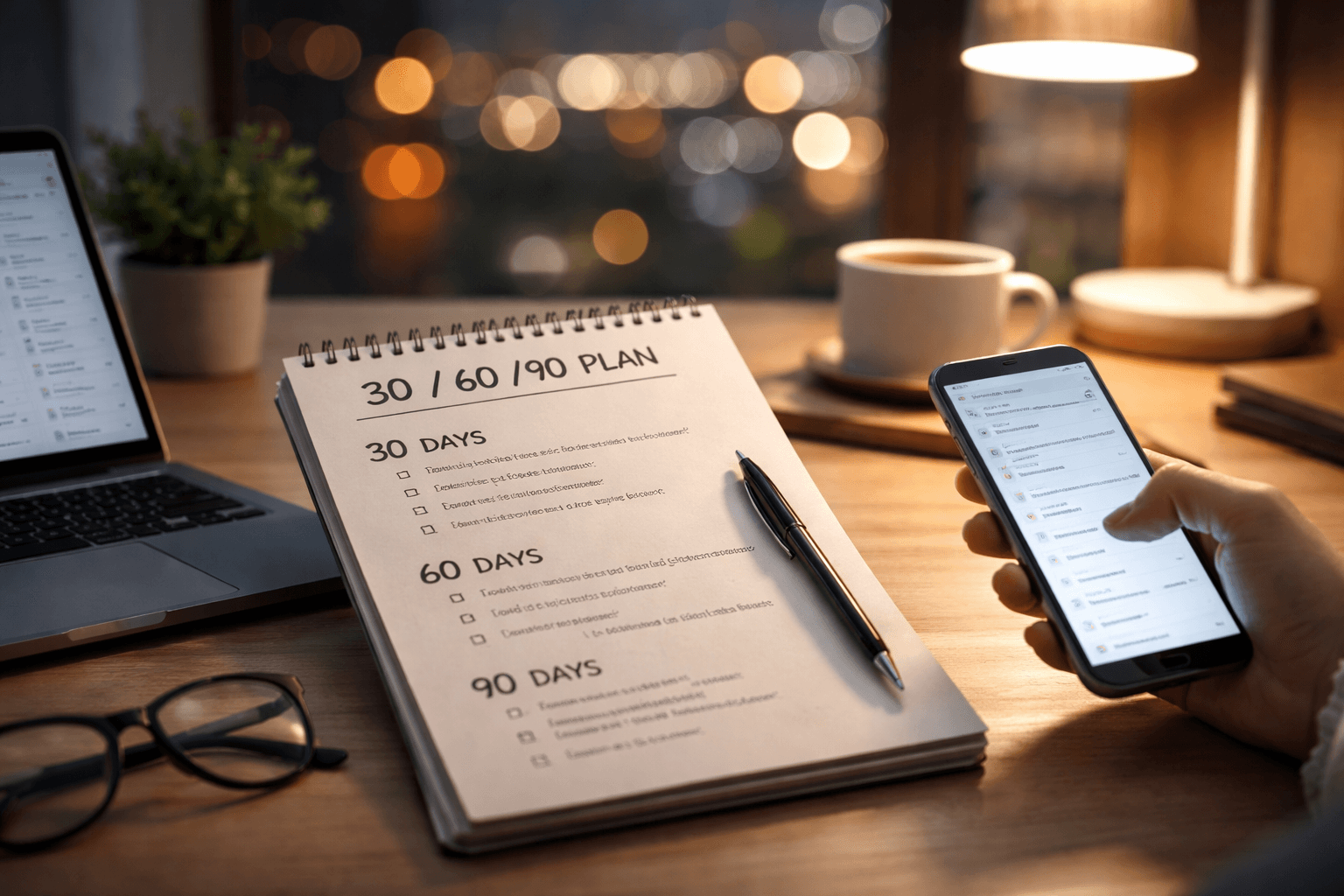 Phone call screen reflected on a monitor with an agenda for proposal review and scheduling reminders on paper
