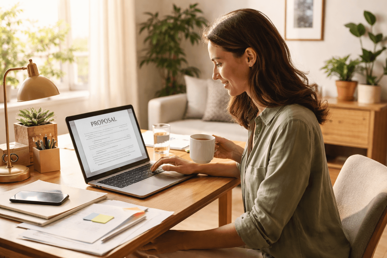 Freelancer reviewing a proposal on a laptop at home studio