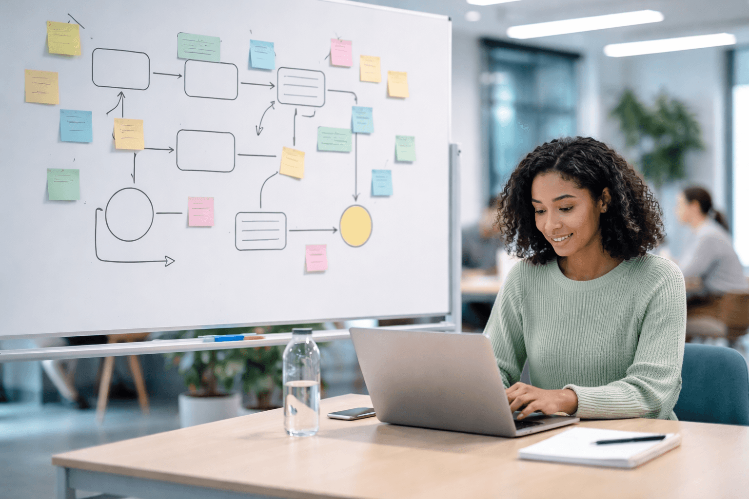 A designer-coder workspace at a co-working desk during the afternoon, with a whiteboard planning sticky notes